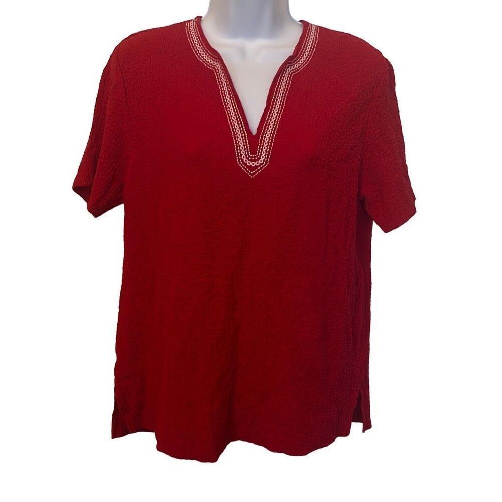 Cathy Daniels Red White Embroidered‎ VNeck Short Sleeve Crepe Blouse Medium Boho